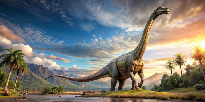 A detailed image of a Brachiosaurus dinosaur standing tall in its prehistoric environment, prehistoric, extinct