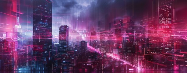 Fototapeta premium A futuristic cityscape with vibrant glowing lights and a dynamic skyline