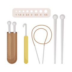 A set of knitting tools, needles, hook, ruler for determining the size of the needles. Vector illustration on white background.