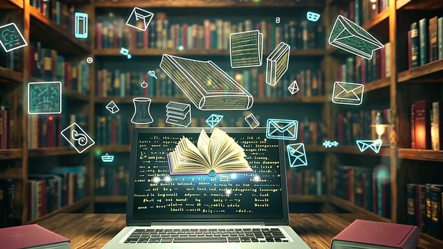Laptop screen glowing with floating books and learning symbols, amidst bookshelves filled with books, on a dark wood textured backdrop