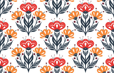 Vector decorative folk art seamless pattern. Geometric surface design with flowers and ornate floral ornament on white background for fabrics and wallpapers.