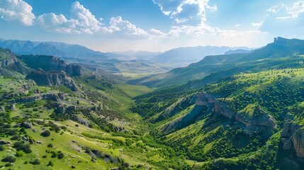 Fototapeta premium Aerial panoramic view of Botan Valley National Park Siirt on May 2023 : Generative AI