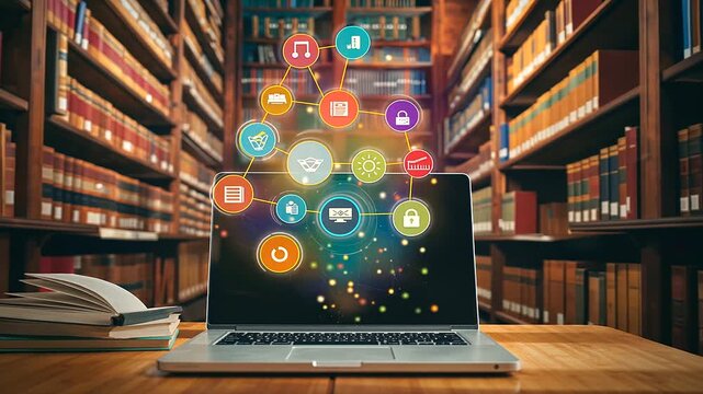 Open laptop featuring an array of floating educational icons and books, surrounded by towering bookshelves, with a dark wood background