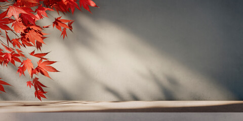 Autumn background scene with red maple leaves on table with sunlight. Natural seasonal home decor...