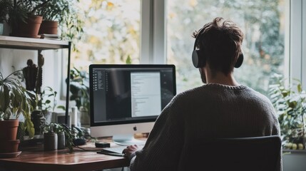 Man Working at Computer with Headphones