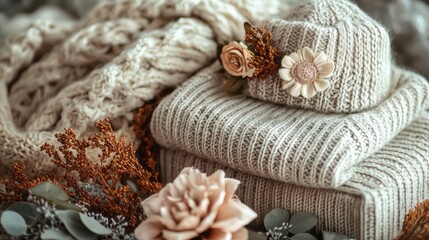Naklejka premium Knitted goods gift box, cozy sweaters, scarves, hats, with embroidered flowers