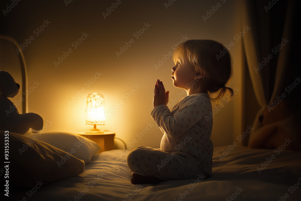 Wall mural Little Girl Praying at Bedtime with Warm Lighting and Plush Bear in Cozy Bedroom