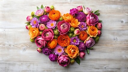 Vibrant heart-shaped flower arrangement with pink roses, orange, and purple lotus flowers, Love, Romantic, Floral, Bouquet