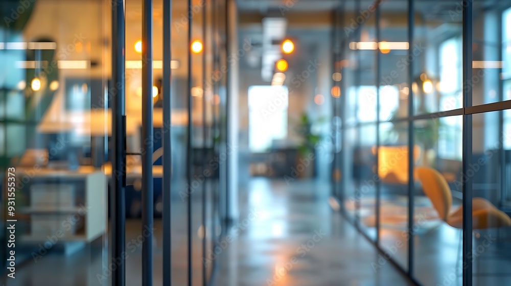 Poster a blurry view of a modern office space through glass doors soft background : generative ai