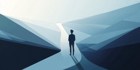 Abstract illustration of a solitary figure standing at the intersection of dynamic paths, symbolizing choices, decisions, and direction, ideal for concepts related to leaders