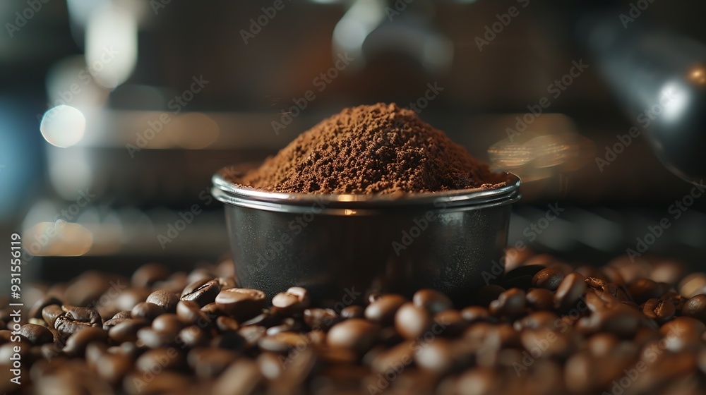 Poster tamped puck of coffee grounds within basket of portafilter and coffee beans spilled around in a dark