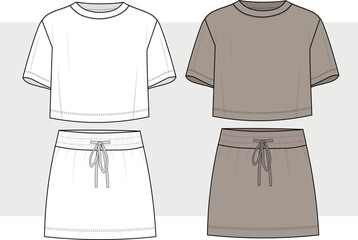 Skirt and t shirt set fashion flat sketch template. Mini skirt and cropped tee shirt fashion flat. Short skirt with drawstring flat drawing.