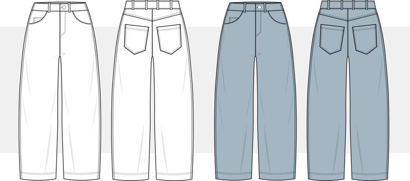 Boyfriend Jeans, Mom fit Jeans, Low Rise Denim Front and Back View. Fashion Flat Sketch Vector Illustration, Technical Drawing, Flat Drawing.