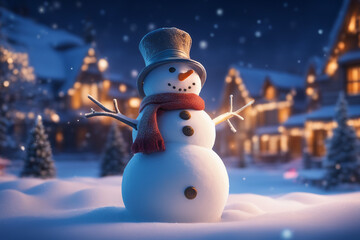 Obraz premium Snowman with winter landscape and snow high quality background