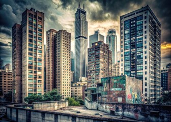 Obraz premium Graffiti-scrawled skyscrapers loom, a canvas of urban decay, their gray exteriors reflecting the bleakness of the human experience, isolated by their towering heights.