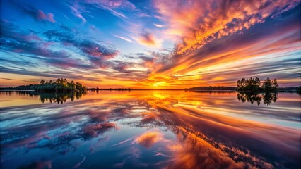 A stunning symmetrical reflection of a colorful sunset on calm water , symmetry, sunset, reflection, colorful, tranquil, peaceful