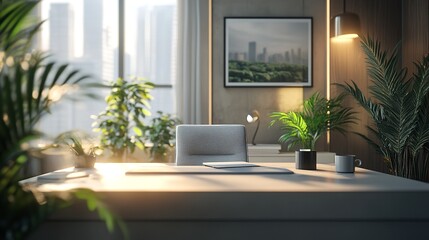 Modern Living Room with City View 3D Illustration