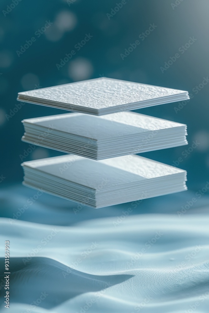 Poster three textured layers of paper floating above a soft, wavy surface, creating a serene and minimalist