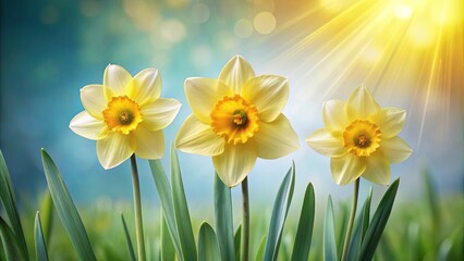 Obraz premium Two daffodils in full bloom and one budding daffodil , spring, flowers, yellow, petals, blooming, garden, nature, close-up, vibrant