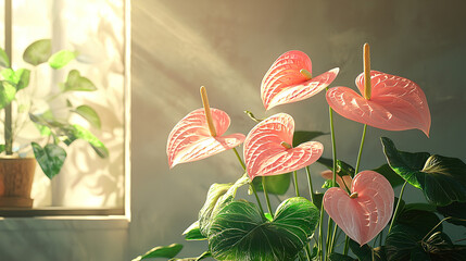 beautiful Anthurium 'Laceleaf' flamingo flowers bloom in a sunny elegant room