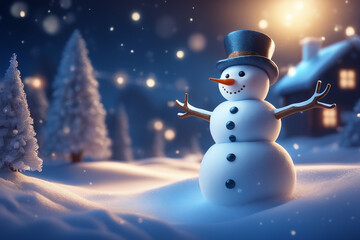 Fototapeta premium Snowman with winter landscape and snow high quality background