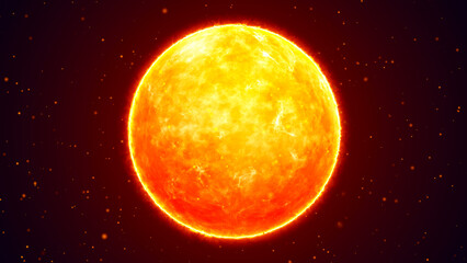 Large plan of a star in space with turbulence, surface fire, heat and the dynamics of a burning atmosphere. Fireball. Planet. Star. Sun.