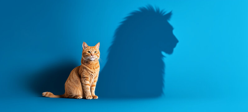 An orange cat sitting on a blue background with the shadow of a lion cast behind it