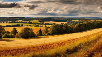 Fototapeta premium Rolling Hills and Golden Fields Under a Cloudy Sky