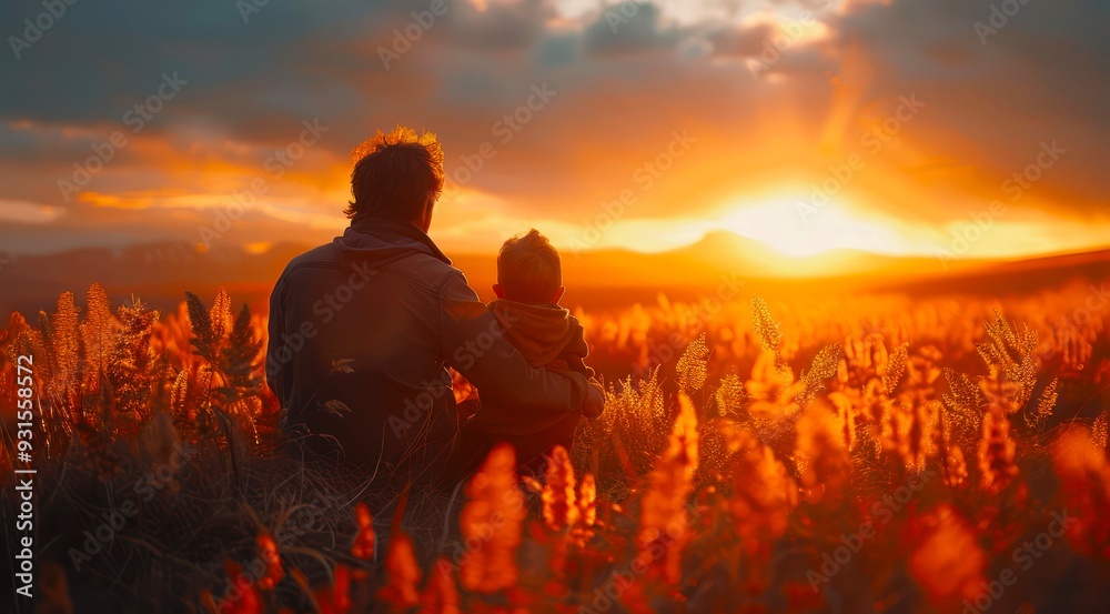 Wall mural father and son enjoying the sunset in the meadow.