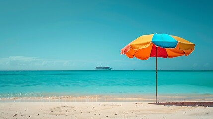 Multicolour vibrant rainbow beach umbrella on a beautiful hot and clear sunny day with cruise ship on the horizon turquoise water Arashi Beach Aruba Caribbean Sea Photo taken in Februa : Generative AI