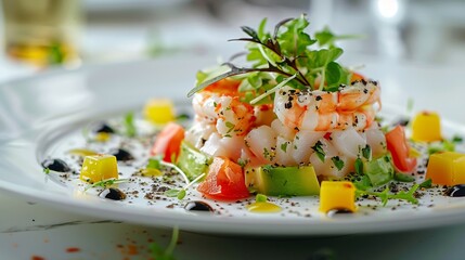 Exquisite serving avocado salad with truffle and crab on white restaurant plate isolated Luxury gourmet restaurent dish with delicious seafood vegetables and greens in modern minimalis : Generative AI