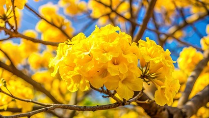 Yellow tabebuia flower blossom on tree branch , nature, blooming, springtime, vibrant, petals, botanical, sunny, floral