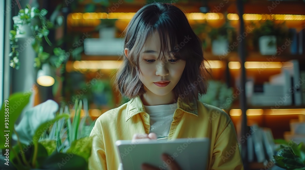 Fototapete Tablet employees and talk on sales in office website and research for planning online Business people teamwork and support on feedback for kpi target report and speaking for unity on i : Generative AI