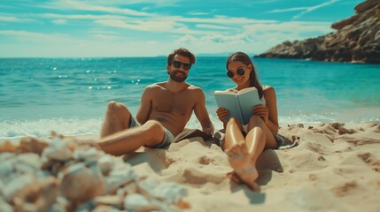 Fototapeta premium Young couple enjoying a relaxing day at the beach lying on sandy shore while reading books relaxation beach life summer vacation reading and couples activities : Generative AI