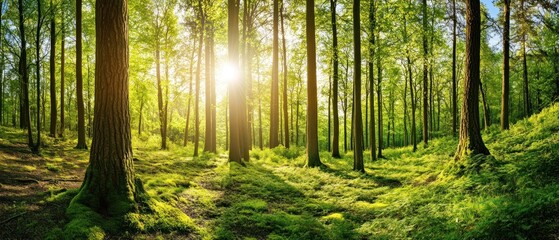 Obraz premium Sunbeams Illuminating a Lush Forest Floor