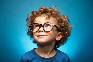 Obraz premium A curly-haired child with large glasses gazes upward with a look of wonder against a vibrant blue background, capturing innocence and curiosity.