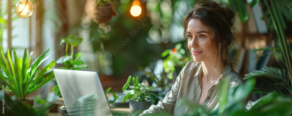 Wall mural Woman working in a home office surrounded by lush green plants, focusing on her tasks.