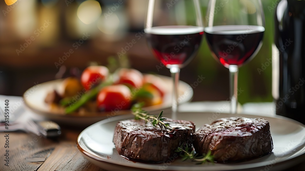 Poster table setting with plate of beef with glasses of red wine : Generative AI