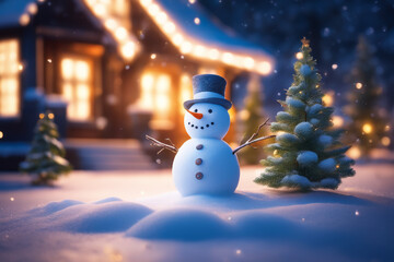 Obraz premium Snowman with winter landscape and snow high quality background