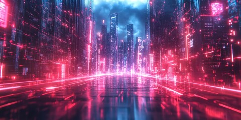 Fototapeta premium Neon Cityscape with Digital Lines and Reflections