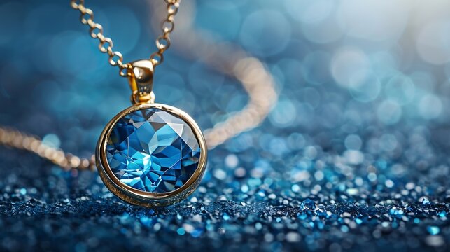 Elegance gold pendant necklace with blue topaz gemstones on blue background Fashion jewelry with natural gemstone : Generative AI