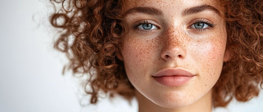 Portrait of curly girl with old post acne which removing by laser face polishing. The process of photothermolysis, warming skin in hardware cosmetology for skin cleaning