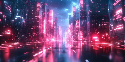 Fototapeta premium Futuristic Cityscape with Pink Neon Lights and Reflections
