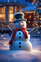 Obraz premium Snowman with winter landscape and snow high quality background