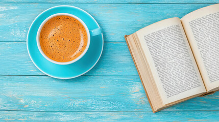 A cozy scene featuring a steaming cup of coffee beside an open book on a rustic blue wooden table.