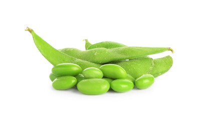 Raw green edamame soybeans and pods isolated on white