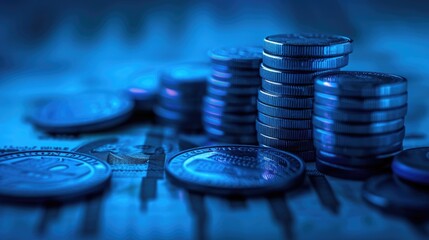 Stack of money coin and laptop computer with trading graph, financial investment concept with blue filter can be use as background