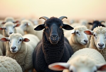 Fototapeta premium Unique Black Sheep Leads the Flock: Embracing Individuality and Leadership 