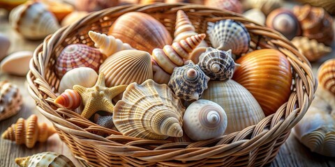 Shells in a basket, a collection of different seashells gathered in a woven basket, shells, variety, assortment, collection