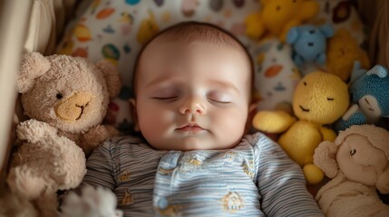 A baby is sleeping peacefully in a basket full of stuffed animals.